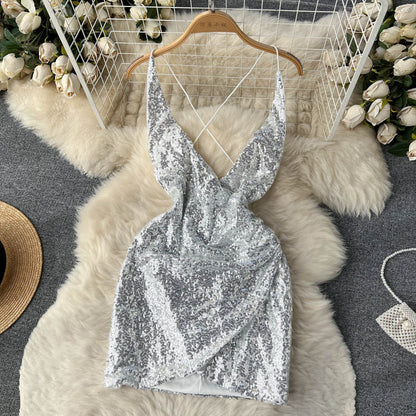silver holiday dress women Leely Women Sparkly Silver Long Sheath Holiday Party Dress with Slit Sequin Spaghetti Straps Backless New Year's Eve Dress
