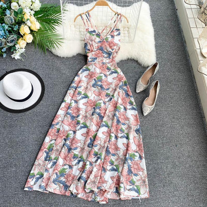 Sexy Spaghettiträger Sommer Rückenfreies Blumenkleid Heißes Damenkleid P155