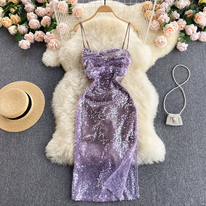 Vintage Spaghettiträger Trauben-Paillettenkleid Damen Urlaubskleid P186