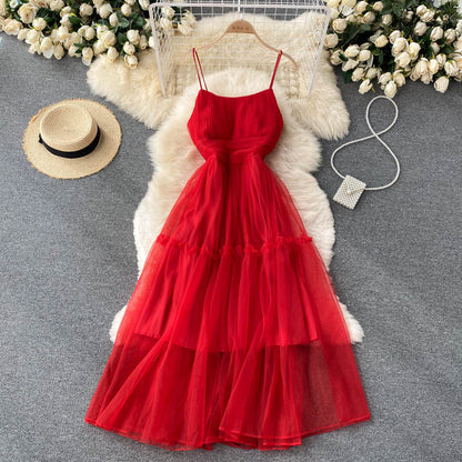 Sexy Trägertüll Rüschenkleid Damen Urlaubs-Kleid P209