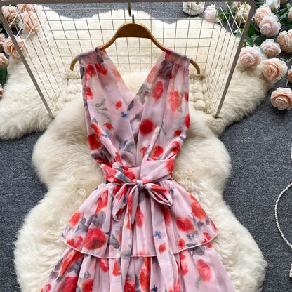 Süßes Sommerkleid mit V-Ausschnitt und Blumenmuster für Damen, Urlaubskleid P174