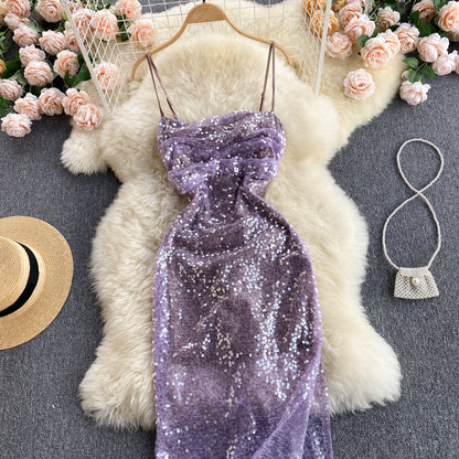 Vintage Spaghettiträger Trauben-Paillettenkleid Damen Urlaubskleid P186