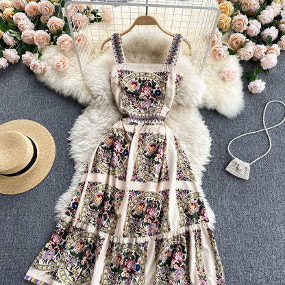 Palastkleid Damen Sommer Retro Bedrucktes Trägerkleid Damen Urlaubskleid P182
