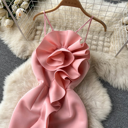 Sexy Meerjungfrau Spaghetti-Träger Rüschen Satin Blumen Kleid Damen Kleid P147