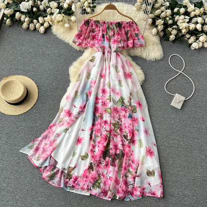 Süßes schulterfreies Kleid mit Schlitz und Blumenmuster für Damen P112