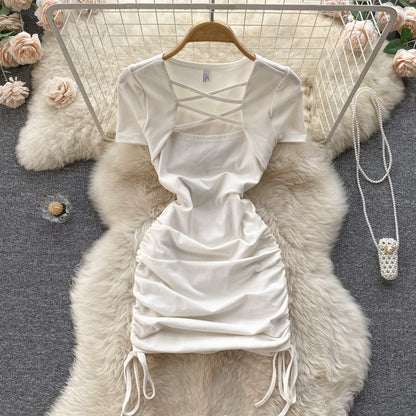 Hot Girl Slim Square Neck Dress Short Sleeve Sexy Drawstring Tight Sho PreppyDress Hot Girl Slim Square Neck Dress Short Sleeve Sexy Drawstring Tight Sho PreppyDress