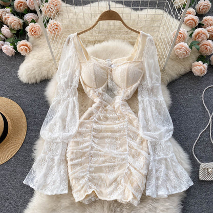 Vintage-Spitze Langarm Kurzes Sommerkleid für Damen P122