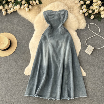 Hot Girl Retro Denimrock Damen A-Linien-Kleid lang P125