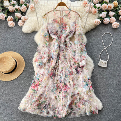 Süßes Langarm-Blumenkleid Damenkleid P109