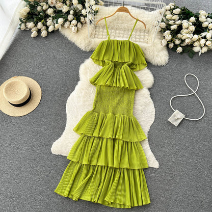 süßes Sommerkleid für Damen aus Chiffon mit Rüschen und Spaghettiträgern P137