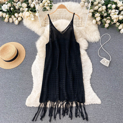 Sexy Spaghettiträger Boho Resort Fransen Strickkleid Damen Urlaubs-Kleid P170