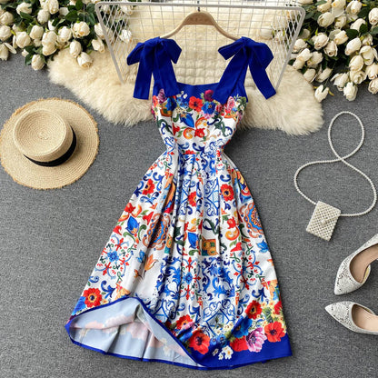 Vintage Träger Süßes Sommer-Boho-Kleid Damen Urlaubs-Kleid P200