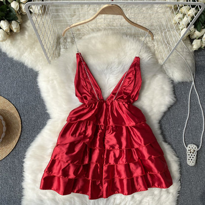 Sexy Spaghettiträger Rückenfreies Kurzes Sommerkleid Damen Urlaubskleid P160