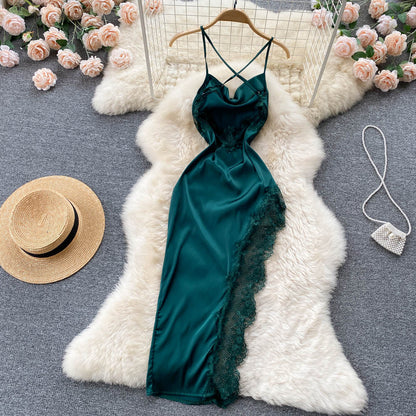 Sexy Spaghettiträger Sommer Spitzen High-Low-Kleid Damenkleid P127