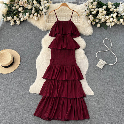 süßes Sommerkleid für Damen aus Chiffon mit Rüschen und Spaghettiträgern P137