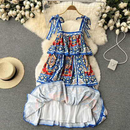 Vintage Spaghettiträger Süßes Sommer Boho-Kleid Damen Urlaubskleid P187