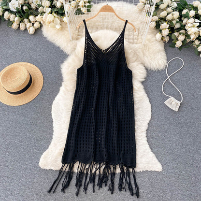 Sexy Spaghettiträger Boho Resort Fransen Strickkleid Damen Urlaubs-Kleid P170