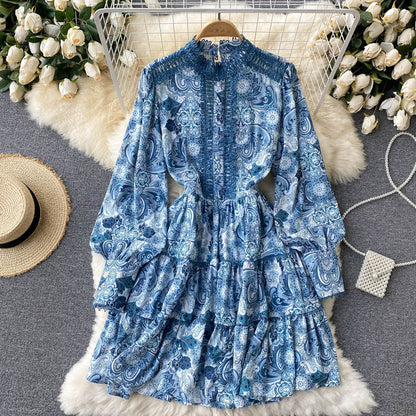 Robe trapèze vintage à manches longues et imprimé floral pour femme P102