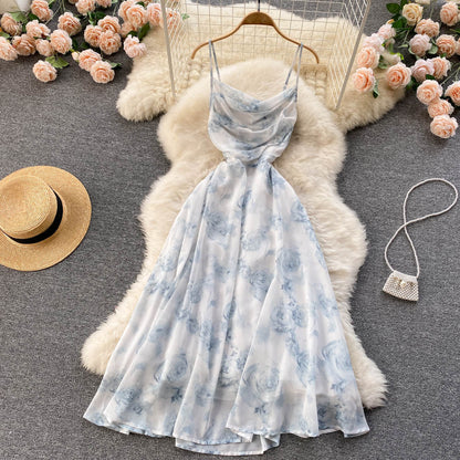 Robe d'été sexy évasée à fines bretelles pour femme P096