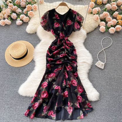 sexy Meerjungfrauen-Kleid mit V-Ausschnitt, Blumenmuster, Damenkleid P098