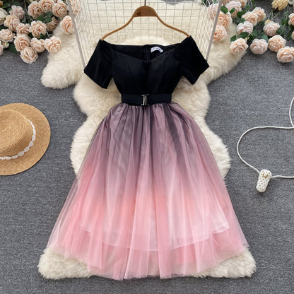 Jolie robe évasée rose dégradée à épaules dénudées pour femme P085