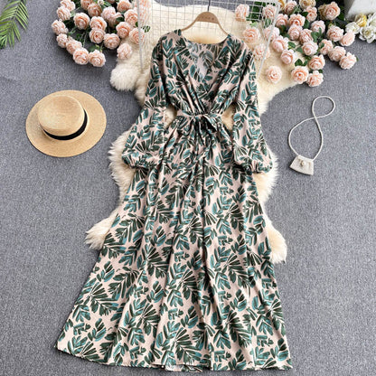 Vintage A-Linien Blumenkleid Langarm Damenkleid P105