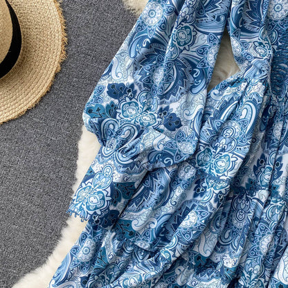 Robe trapèze vintage à manches longues et imprimé floral pour femme P102