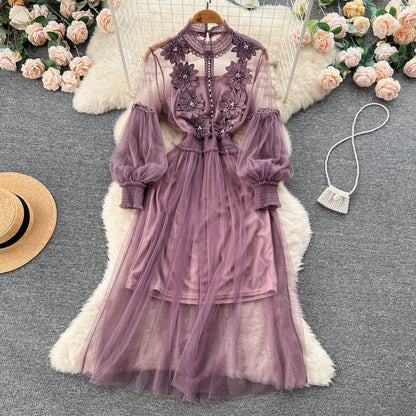Vintage A-Linien-Kleid mit langen Ärmeln und Spitze für Damen P230