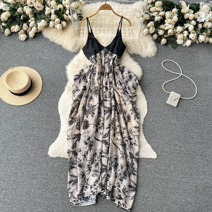 Sexy V-Ausschnitt rückenfreies Kleid Damen Tintenmalerei neue Träger unregelmäßiges Urlaubskleid P238