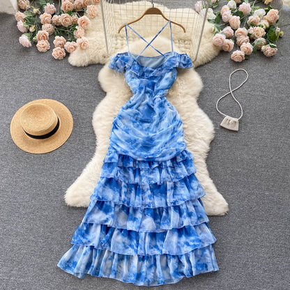 Süßes schulterfreies langes blaues Blumenkleid Damen Urlaubskleid P234