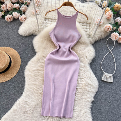 Sexy Spaghetti-Träger Eng anliegendes Strickkleid Damen Urlaubskleid P172