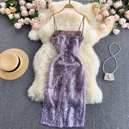 Vintage Spaghettiträger Trauben-Paillettenkleid Damen Urlaubskleid P186