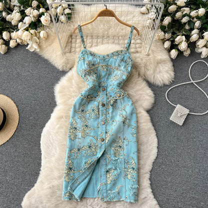 Sexy Spaghettiträger Sommerkleid mit Blumenmuster Damen Urlaubs-Kleid P169
