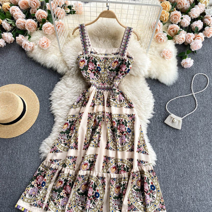 Palastkleid Damen Sommer Retro Bedrucktes Trägerkleid Damen Urlaubskleid P182