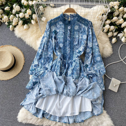 Robe trapèze vintage à manches longues et imprimé floral pour femme P102