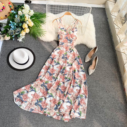 Sexy Spaghettiträger Sommer Rückenfreies Blumenkleid Heißes Damenkleid P155