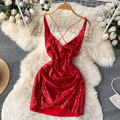 Sexy Spaghetti Straps Backless Short Sequin Dress Women Holiday Dress –  PreppyDress