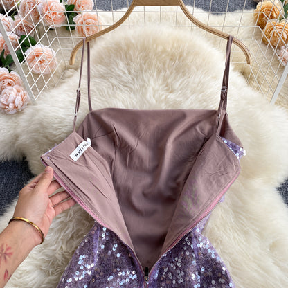 Vintage Spaghettiträger Trauben-Paillettenkleid Damen Urlaubskleid P186