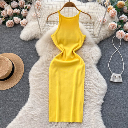 Sexy Spaghetti-Träger Eng anliegendes Strickkleid Damen Urlaubskleid P172