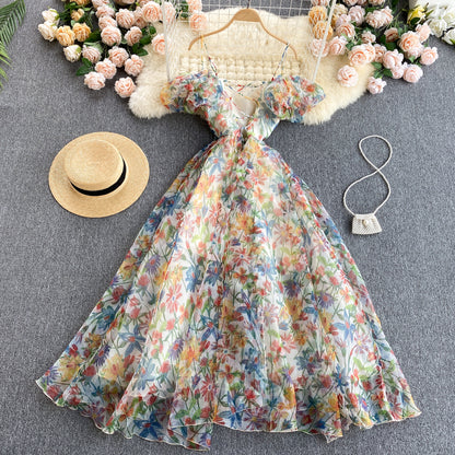 Jolie robe courte fleurie dos nu à fines bretelles pour femme P138