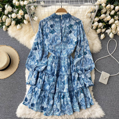 Robe trapèze vintage à manches longues et imprimé floral pour femme P102