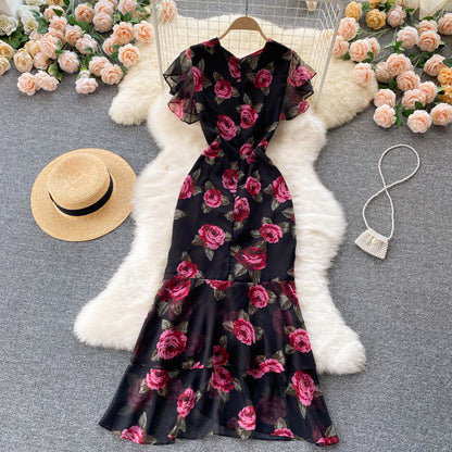 sexy Meerjungfrauen-Kleid mit V-Ausschnitt, Blumenmuster, Damenkleid P098