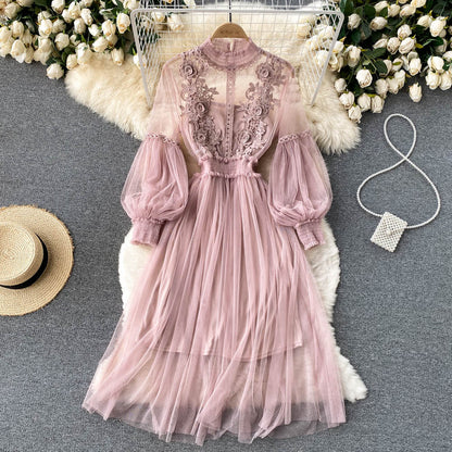 Vintage A line long sleeves floral dress women's dress P103