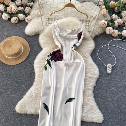 Robe longue fendue en satin de soie à fines bretelles sexy pour femme P146