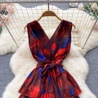 Süßes Sommerkleid mit V-Ausschnitt und Blumenmuster für Damen, Urlaubskleid P174