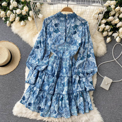 Robe trapèze vintage à manches longues et imprimé floral pour femme P102