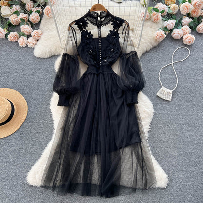 Vintage A-Linien-Kleid mit langen Ärmeln und Spitze für Damen P230