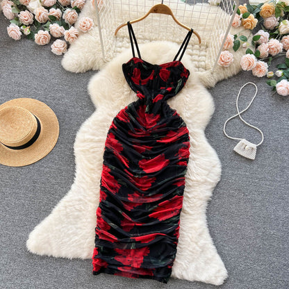 Elegantes Spaghetti-Trägerkleid mit langem Blumenmuster und rotem Abendkleid für Damen, P236
