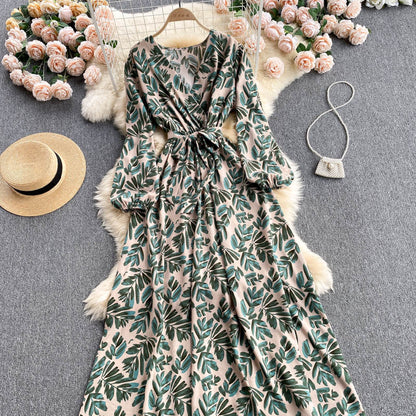 Vintage A-Linien Blumenkleid Langarm Damenkleid P105