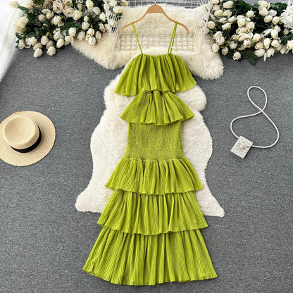 süßes Sommerkleid für Damen aus Chiffon mit Rüschen und Spaghettiträgern P137